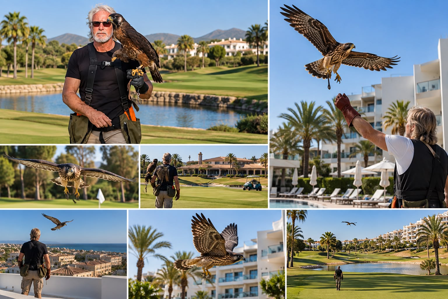 Montaje del cetrero y las rapaces de Vientos del Sur trabajando en hoteles, jardines y campos de golf