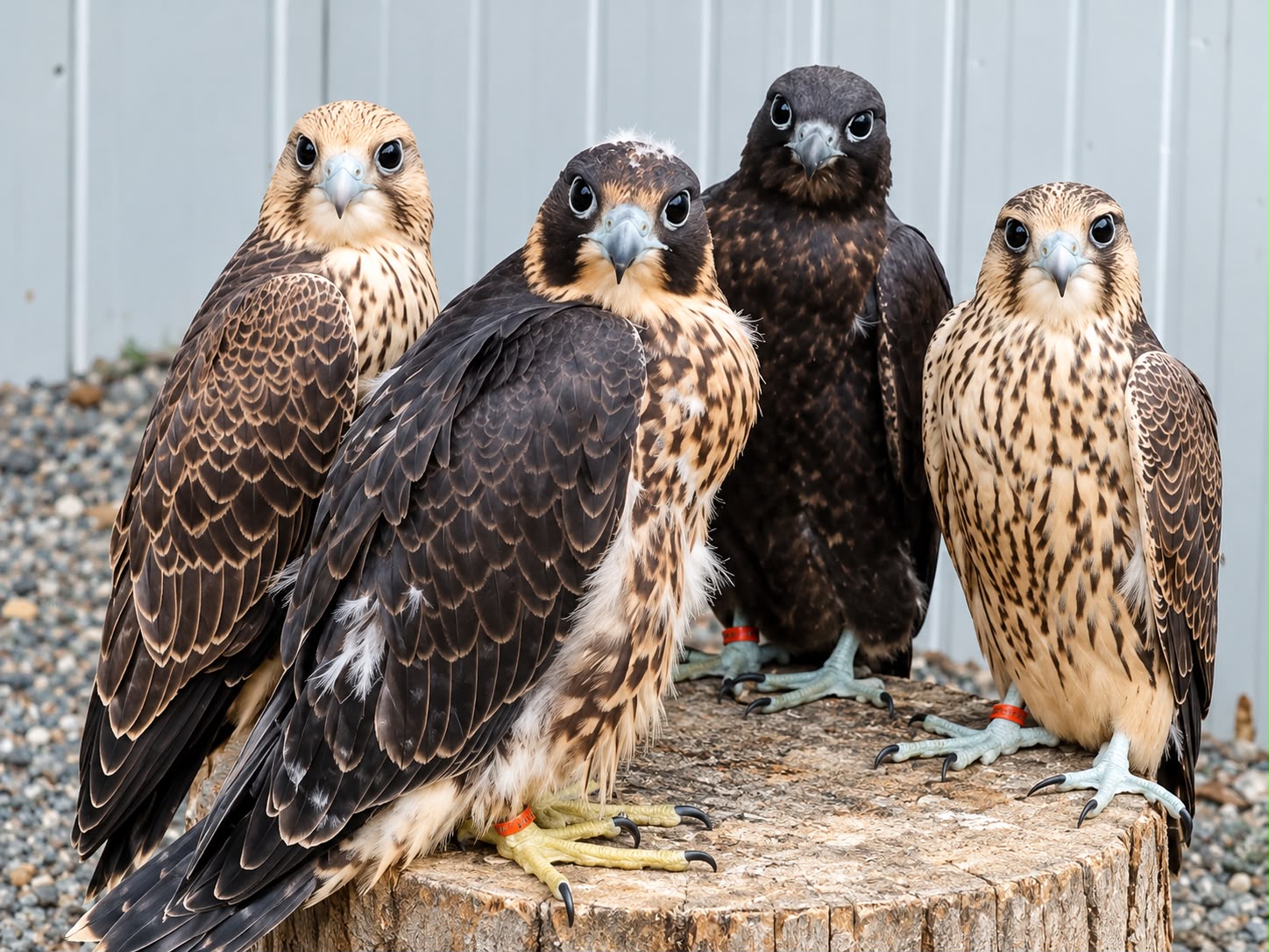 Cuatro rapaces jóvenes de nuestro criadero posadas juntas